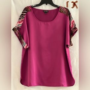 LADIES CHERRY COLORED TOP WITH COLORFUL SLEEVES